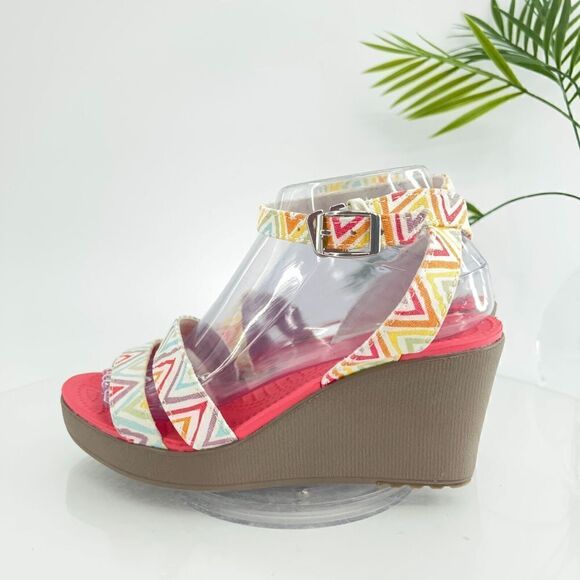 Crocs Women's Leigh Sandal Size 8 Ankle Strap Wedge Graphic Stripe Pink Yellow - Picture 2 of 16